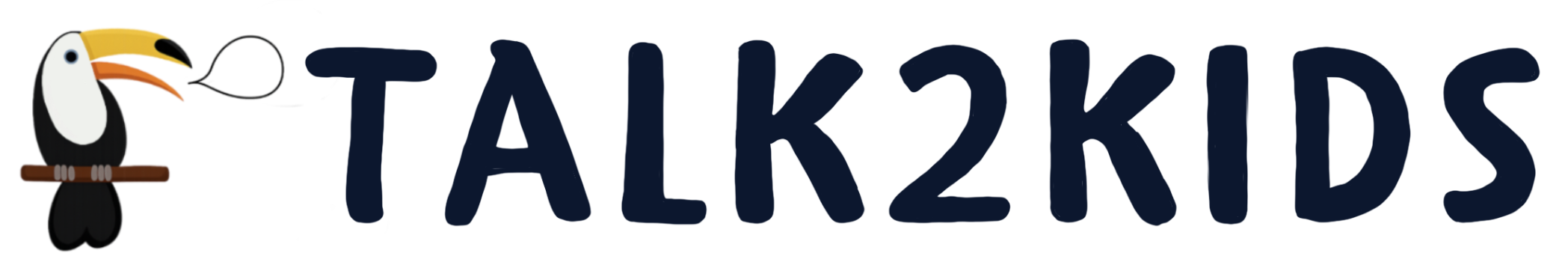 Logo von Talk2Kids: ein Tukan auf einem Ast mit Sprechblase, daneben der Schriftzug TALK2KIDS.