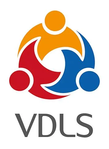 Logo des VDLS: drei stilisierte Personen in Orange, Rot und Blau greifen kreisförmig ineinander, darunter der Schriftzug VDLS.