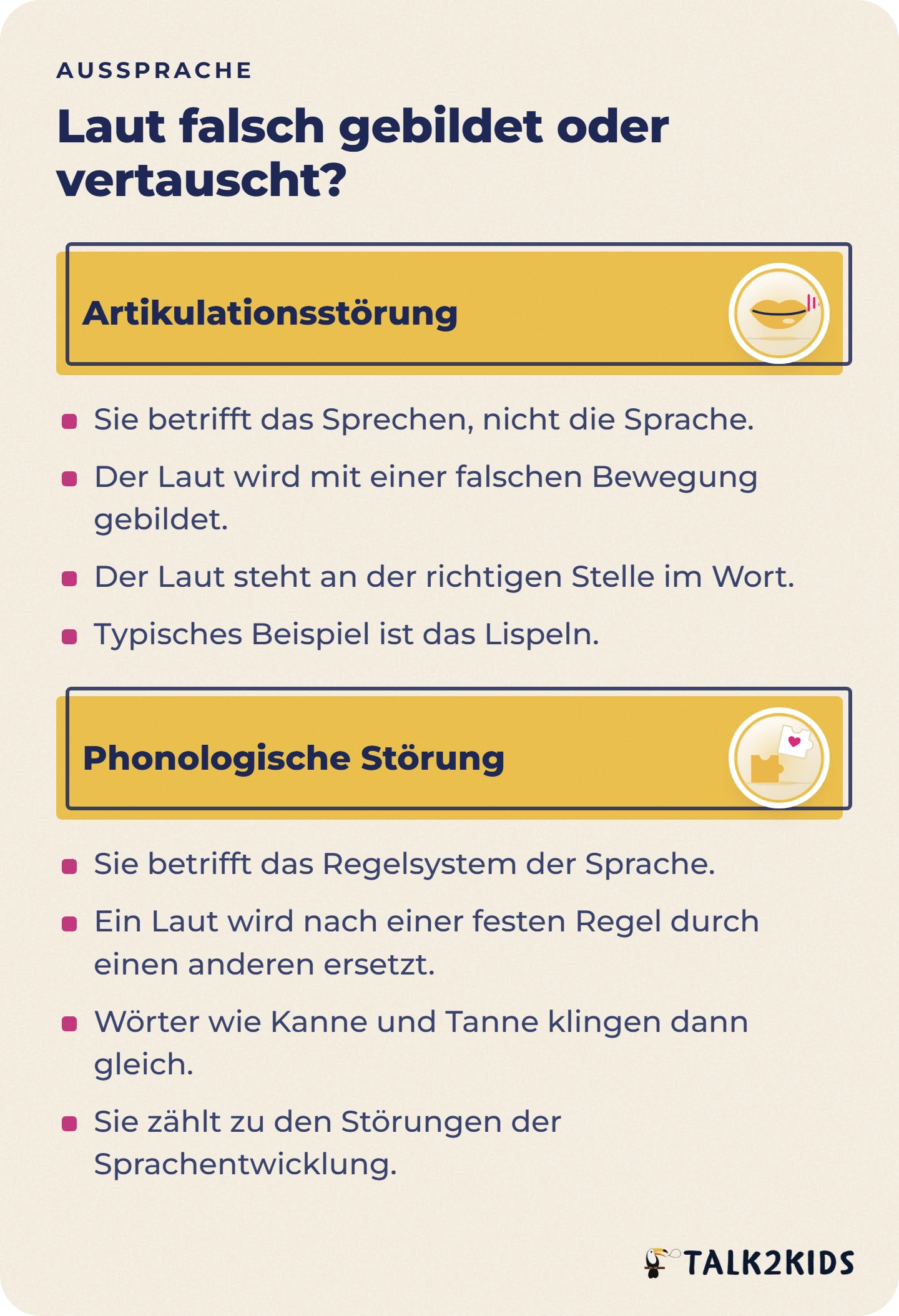 Gegenüberstellung von Artikulationsstörung und phonologischer Störung mit je vier Merkmalen.