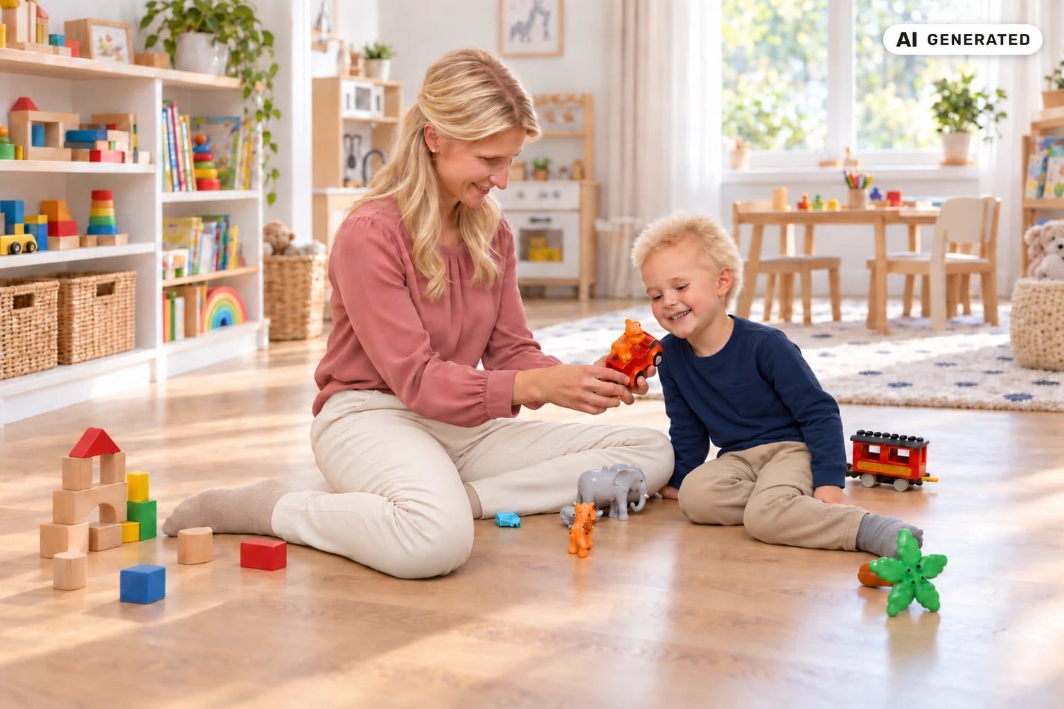 Eine Mutter und ihr Sohn sitzen im hellen Kinderzimmer auf dem Boden und spielen fröhlich mit Tierfiguren und einem kleinen Spielzeugauto (KI-generiertes Bild).