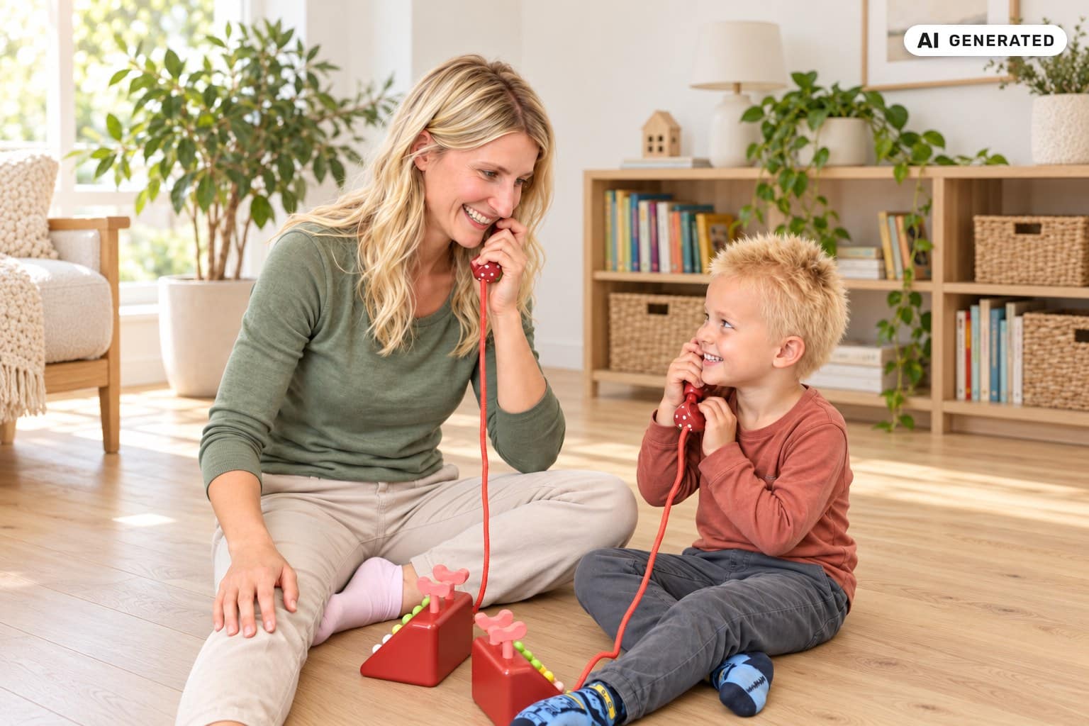 Eine Mutter und ihr Sohn sitzen lachend auf dem Wohnzimmerboden und telefonieren mit zwei roten Spieltelefonen (KI-generiertes Bild).