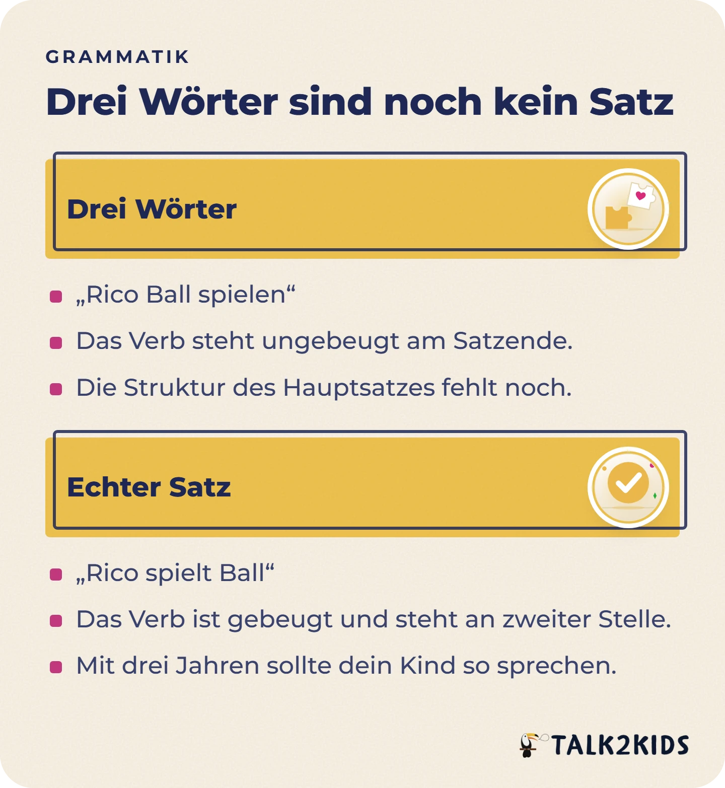 Gegenüberstellung von drei aneinandergereihten Wörtern und einem echten Satz am Beispiel Rico spielt Ball.