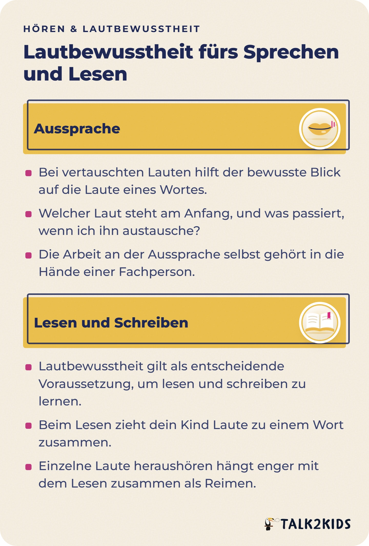 Gegenüberstellung: wie Lautbewusstheit die Aussprache unterstützt und wie sie das Lesen und Schreiben vorbereitet.