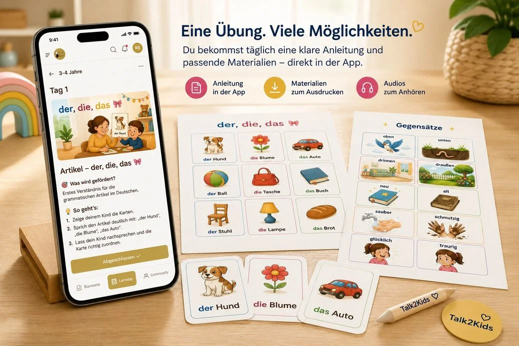 Anleitung, Material zum Ausdrucken und Audios – direkt in der App