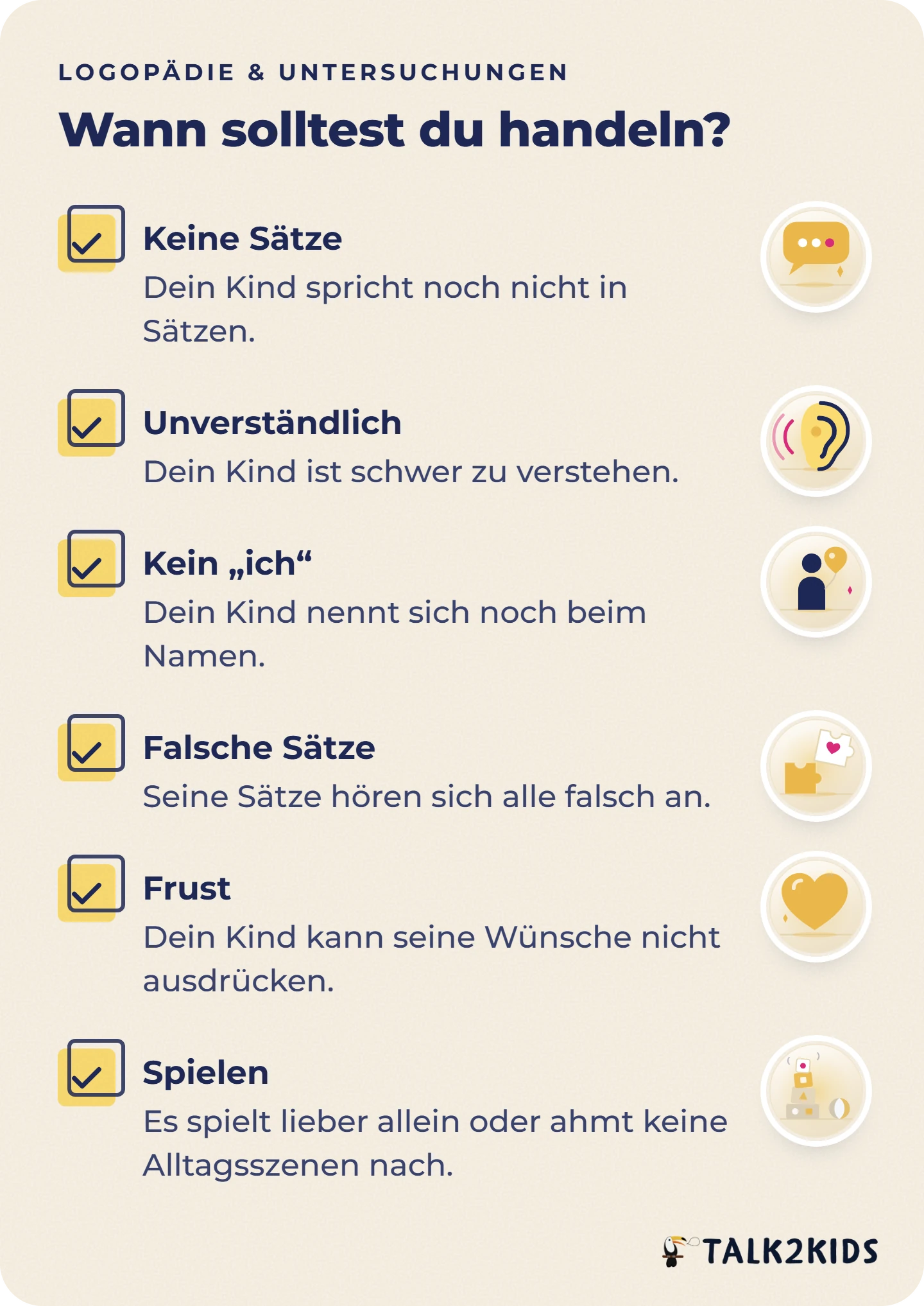 Checkliste mit sechs Anzeichen, bei denen Eltern die Sprache ihres Kindes um den dritten Geburtstag von einer Fachperson einschätzen lassen sollten.