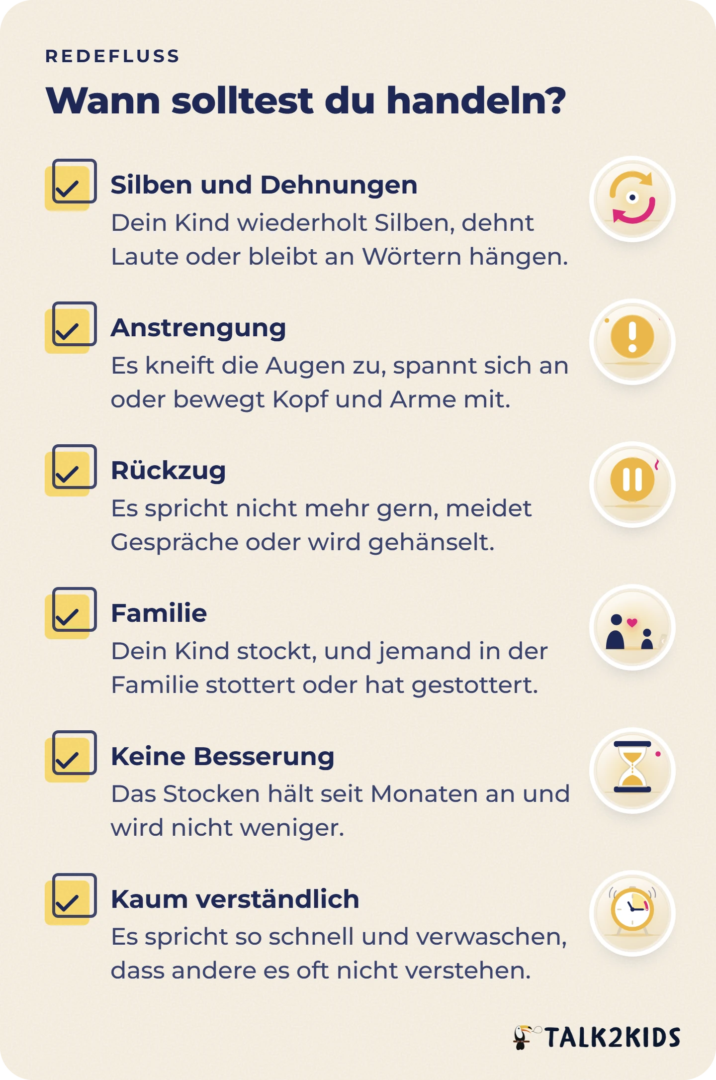 Checkliste mit sechs Anlässen, bei denen Eltern den Redefluss ihres Kindes von einer Fachperson einschätzen lassen sollten.