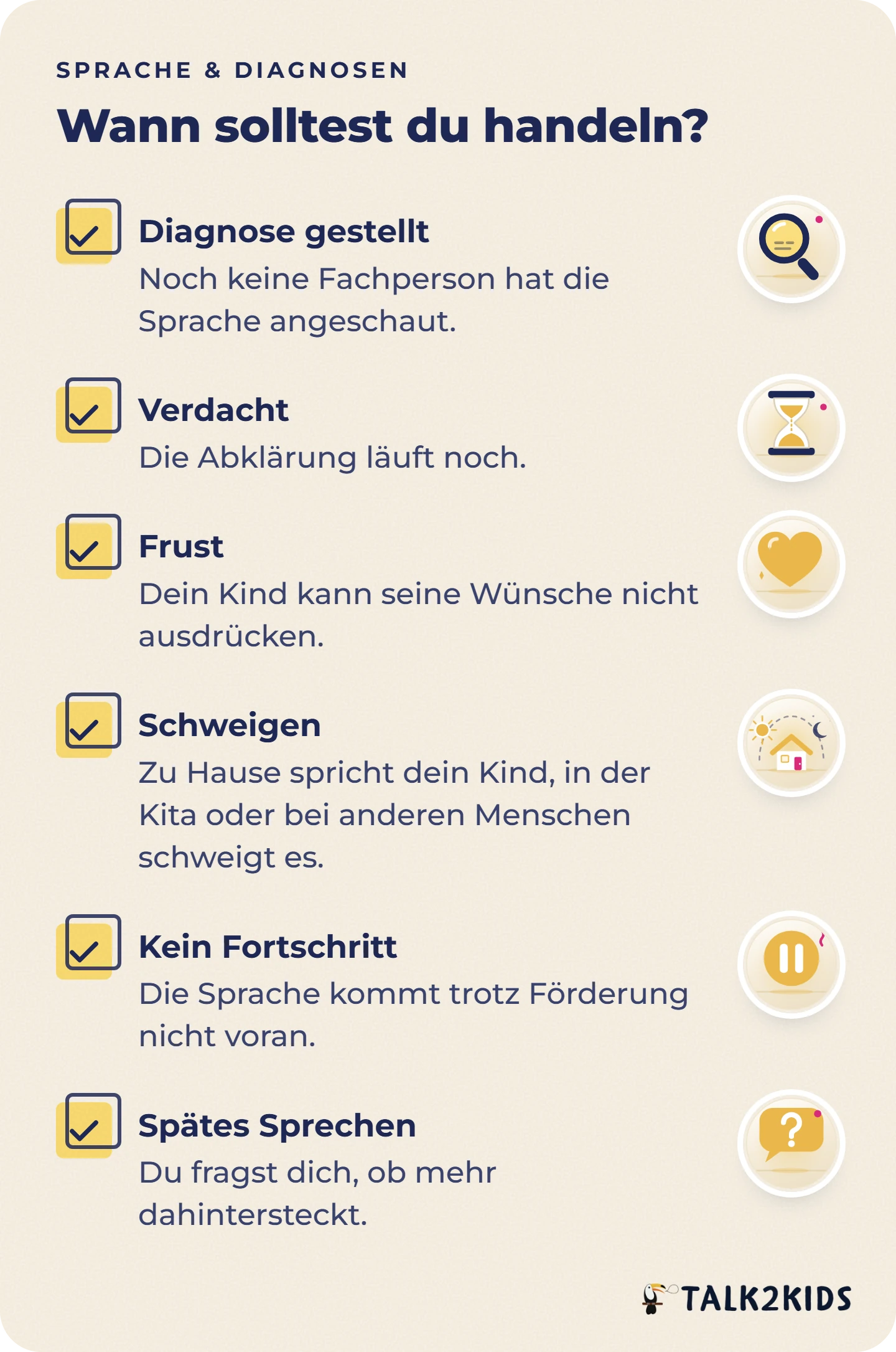 Checkliste mit sechs Anlässen, bei denen Eltern die Sprache ihres Kindes von einer Fachperson einschätzen lassen sollten.