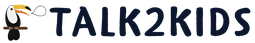 Logo von Talk2Kids: ein Tukan auf einem Ast mit Sprechblase, daneben der Schriftzug TALK2KIDS.