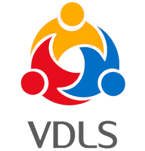Logo des VDLS: drei stilisierte Personen in Orange, Rot und Blau greifen kreisförmig ineinander, darunter der Schriftzug VDLS.