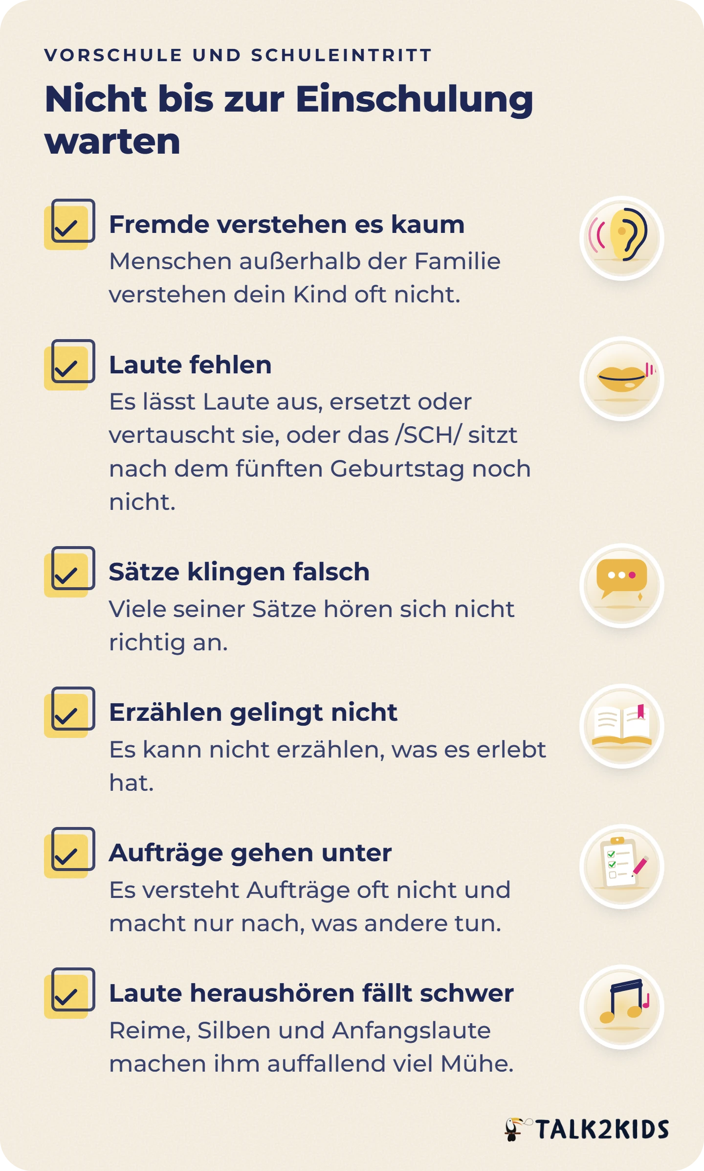 Checkliste mit sechs Anlässen, die Sprache eines Vorschulkinds von einer Fachperson einschätzen zu lassen.