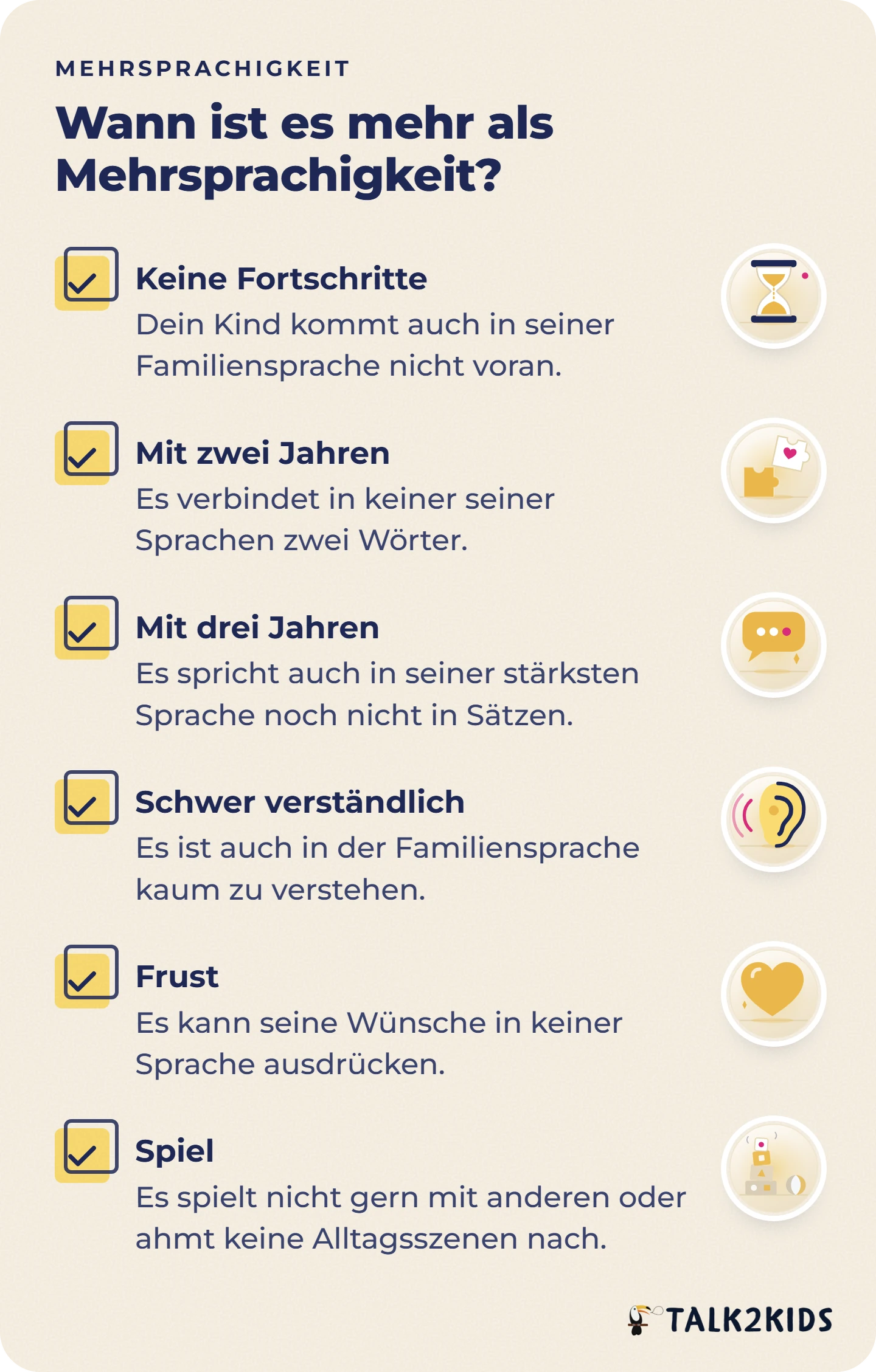 Checkliste mit sechs Anlässen, bei denen Eltern mehrsprachiger Kinder die Sprache einschätzen lassen sollten, jeweils bezogen auf die stärkste Sprache des Kindes.