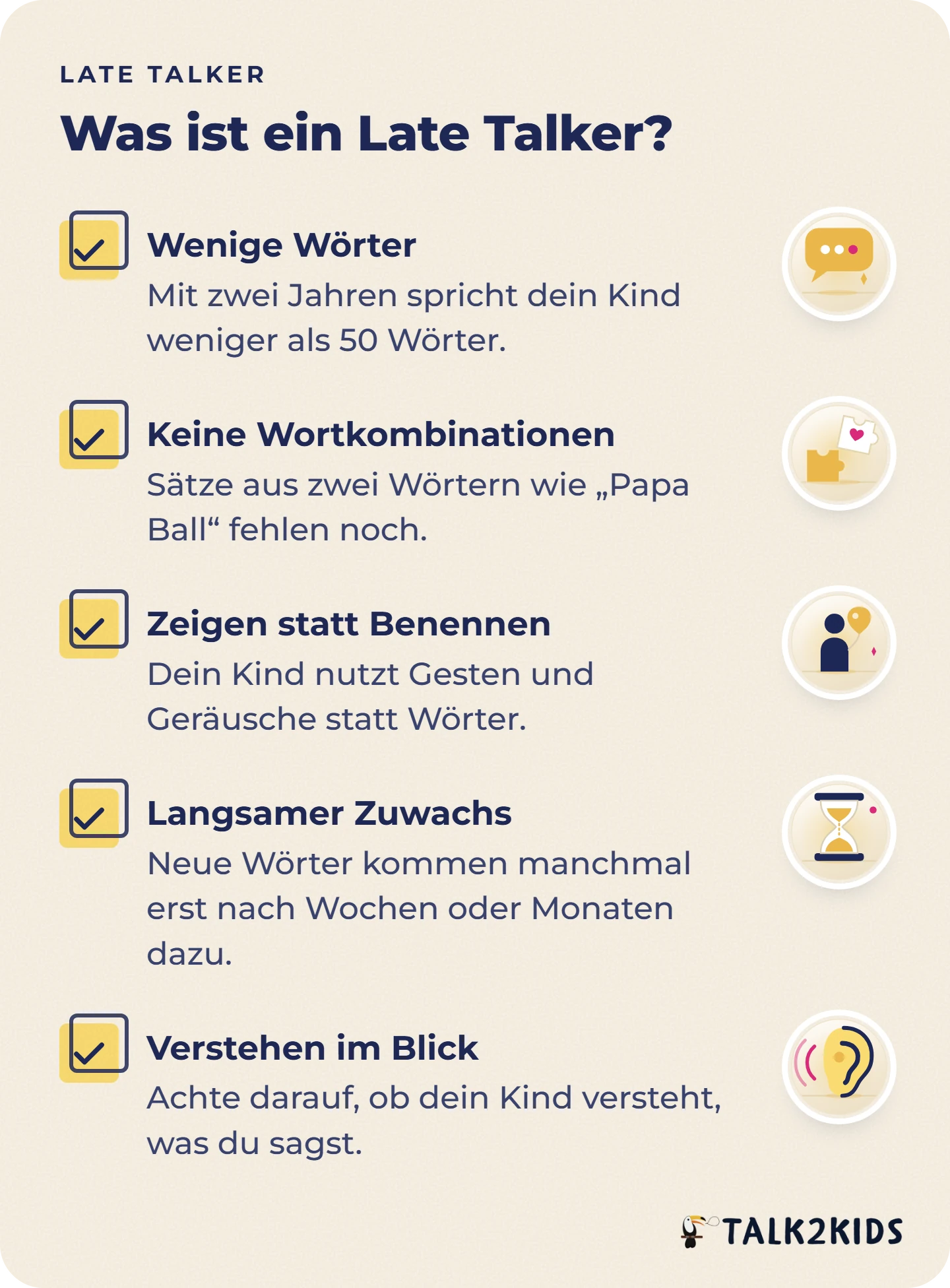 Checkliste mit vier typischen Anzeichen eines Late Talkers mit zwei Jahren und einem Hinweis zum Sprachverständnis.