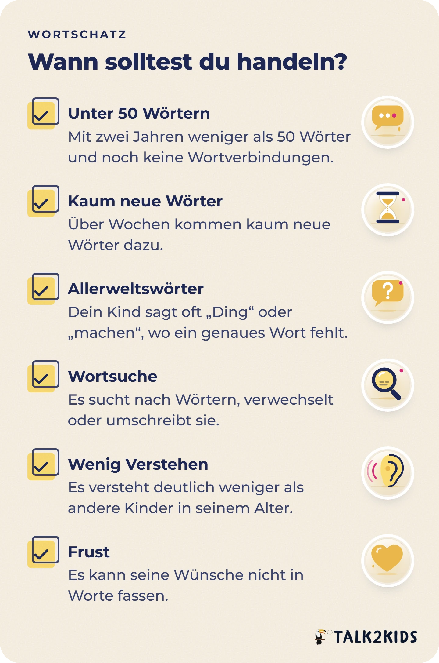 Checkliste mit sechs Anzeichen, bei denen du den Wortschatz deines Kindes von einer Fachperson einschätzen lassen solltest.